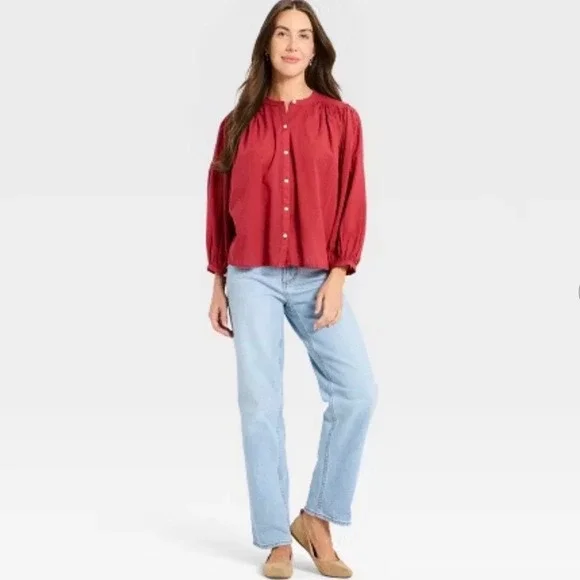 Puff Long Sleeve Banded Collar Neck Blouse Universal Thread Cottagecore XL NWT - Picture 1 of 13